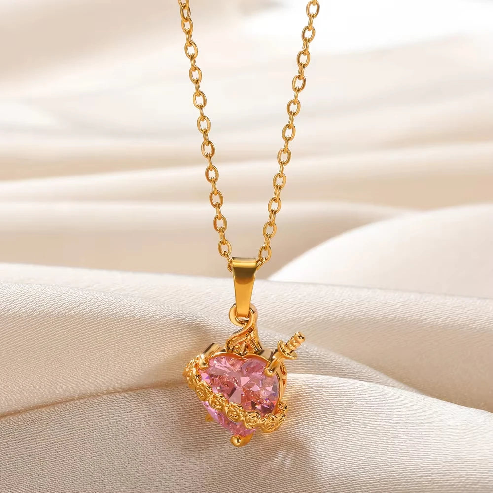 Pink Heart Zircon Necklace Gold Color Stainless Steel Cupid Eros Arrow Heart Pendant Necklace Korean Fashion Jewelry Girls Party