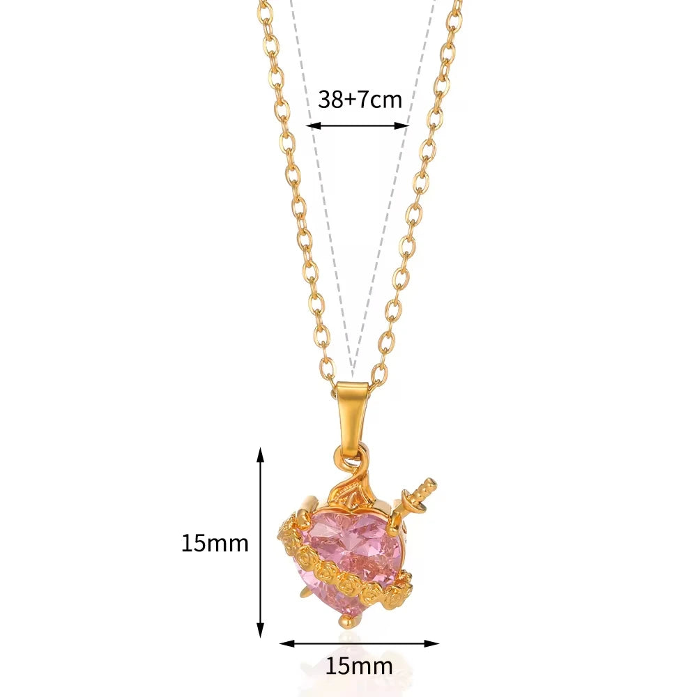 Pink Heart Zircon Necklace Gold Color Stainless Steel Cupid Eros Arrow Heart Pendant Necklace Korean Fashion Jewelry Girls Party