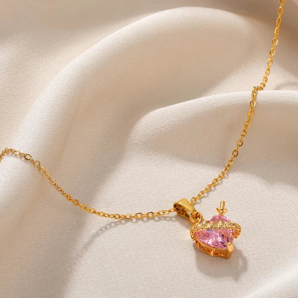 Pink Heart Zircon Necklace Gold Color Stainless Steel Cupid Eros Arrow Heart Pendant Necklace Korean Fashion Jewelry Girls Party