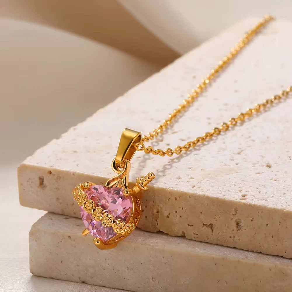 Pink Heart Zircon Necklace Gold Color Stainless Steel Cupid Eros Arrow Heart Pendant Necklace Korean Fashion Jewelry Girls Party